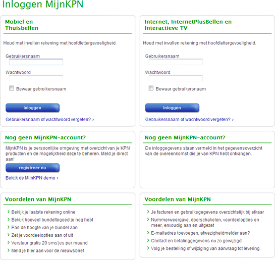 Keuzescherm MijnKPN: Mobiel en Thuisbellen, Internet, Internet Plusbellen en Interactieve TV