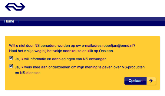 NS uitschrijfscherm: zelf vinkjes weghalen, anders laat je weten dat je alles wilt ontvangen