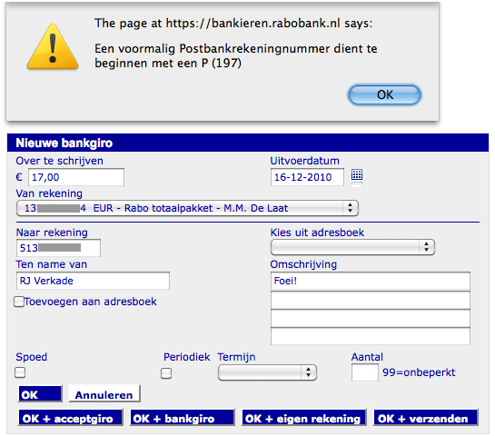 Overschrijfscherm Rabobank met foutmelding: Een voormalig Postbankrekeningnummer dient te beginnen met een P
