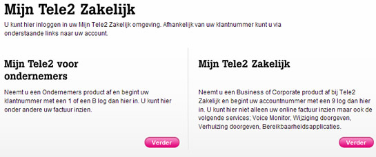 Keuzescherm Tele2: Mijn Tele2 voor ondernemers, Mijn Tele2 Zakelijk
