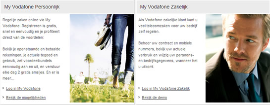 Keuzescherm Vodafone: My vodafone privé, My vodafone zakelijk