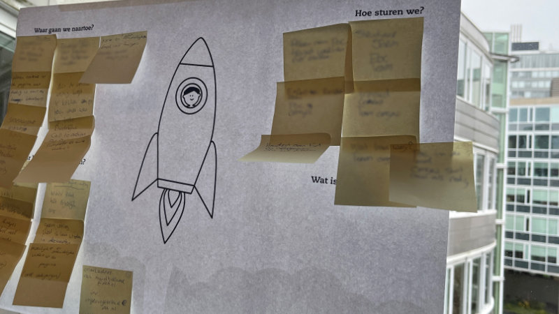 Poster met een raket en post-its, workshop om de nieuwe richting vorm te geven